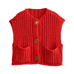 Pocket Sleeveless Knitted Cropped Vest