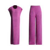 Solid Knitted Slit Top + High Waisted Straight Leg Pants Set