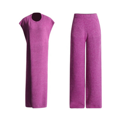 Solid Knitted Slit Top + High Waisted Straight Leg Pants Set