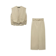 Pre Order: Beige Zip Up Cargo Vest + Skirt Set
