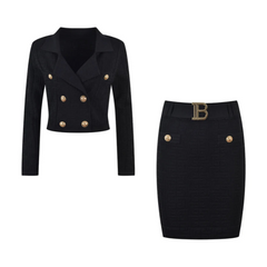 Jacquard Knitted Long Sleeve Collar Top + Mini Skirt Set