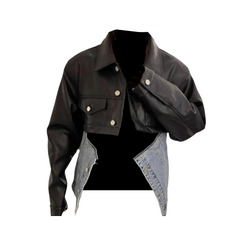 Detachable Denim Cropped Leather Jacket