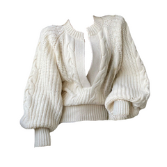 Low V-Neck Loose Balloon Sleeved Knit Sweater