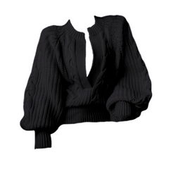 Low V-Neck Loose Balloon Sleeved Knit Sweater