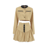 Khaki False Pockets Stand Collar Long Sleeve + Midi Skirt