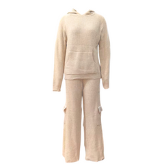 Cozy V-Neck Pocket Knitted Hooded Pull Over + Cargo Pants Set