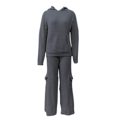 Cozy V-Neck Pocket Knitted Hooded Pull Over + Cargo Pants Set