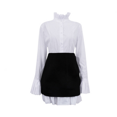 Retro Flared Sleeves Pleated Stand Collar Shirt + Skirt Set