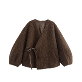 V-Neck Lace-Up Faux Fur Coat