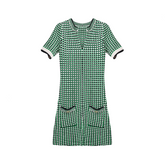 Retro Green Checkered V-Neck Slim Fit Dress