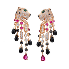 Panther Rhinestone Tassel Dangle Earrings