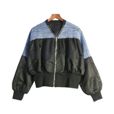 Pleated Color Block Denim Loose Jacket