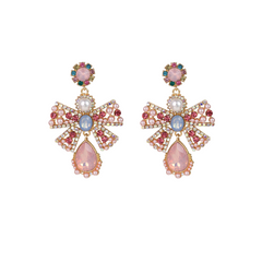 Pearl Crystal Glass Metal Bow Earrings