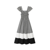 Square Neck Short Sleeve Spliced Plaid Dress