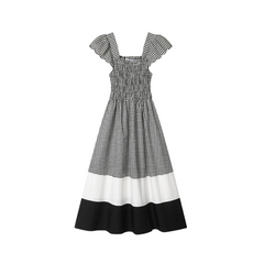 Square Neck Short Sleeve Spliced Plaid Dress