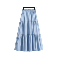 Patchwork Denim Pleated A-Line Skirt