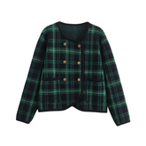 Green Checkered Double Breasted Knitted Cardigan
