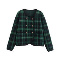 Green Checkered Double Breasted Knitted Cardigan