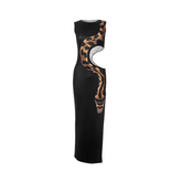 Waist Hollow Python Print Slim Fit Split Maxi Dress