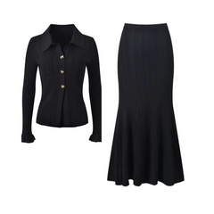 Solid Elastic Knitted Button Down Top + Skirt