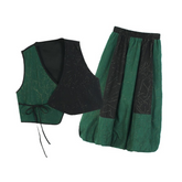 Retro Green Colorblock Vest and Skirt 2 Piece Set