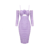 Purple Long Sleeved Slim Fit Flower Mesh Dress