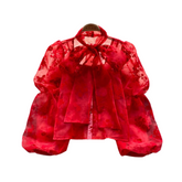 Pre Order: Bow Tie Long Puff Sleeves Tulle Blouse