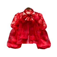 Pre Order: Bow Tie Long Puff Sleeves Tulle Blouse