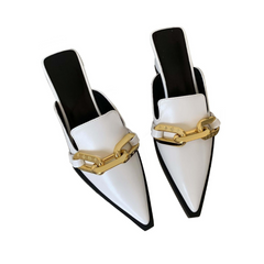 Metal Chain Pointed Toe Block Heel Sandals