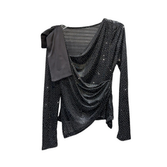 Hot Diamond Slanted Neck Pleated Mesh Top
