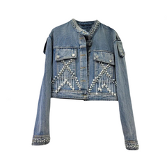 Pearl Studded Diamond Fringed Hollow Back Denim Jacket