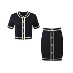 Slim Fit Gold Buckle Round Neck Short Cardigan + Skirt