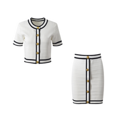 Slim Fit Gold Buckle Round Neck Short Cardigan + Skirt