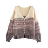 Color Block V-Neck Loose Fit Knitted Cardigan