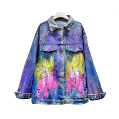 Diamond Studded Hand Drawn Graffiti Denim Jacket