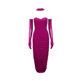 Solid Pleated Mesh Bandage Dress with Gloves