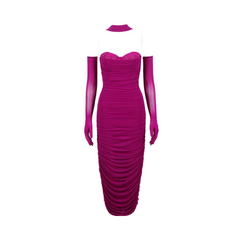 Solid Pleated Mesh Bandage Dress with Gloves