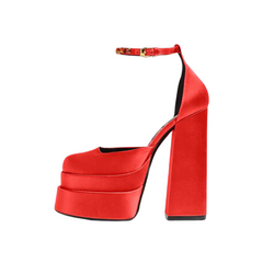 Chunky High Heel Square Toe Satin Sandals