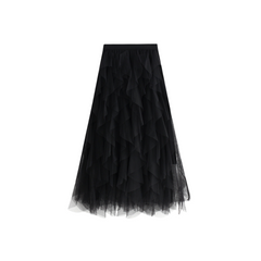 Solid Pleated Tulle Maxi Skirt