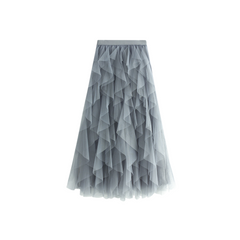Solid Pleated Tulle Maxi Skirt