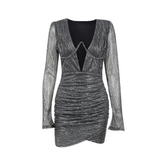 Steel Ring Pleated Padded Shoulder Deep V-Neck Dress