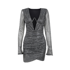 Steel Ring Pleated Padded Shoulder Deep V-Neck Dress