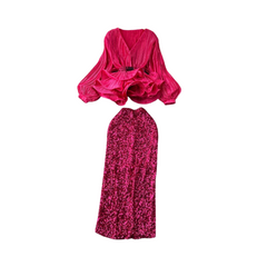 Waist-Cinching Ruffled Pleated Top + High-Waisted Sequined Skirt