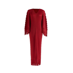 Pre Order: Batwing V-Neck Pleated Spliced Tassel Dress