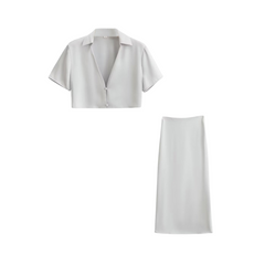 Satin Short Sleeved Cropped Shirt + High Waisted Skirt