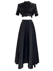 Sequins Cropped Top + Wide Slit Long Skirt Set