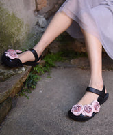 Black Cowhide Leather Vintage Splicing Floral Best Sandals