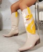 Beige Pointed Toe Splicing Faux Leather Chunky Boots