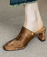 French Brown Satin Cowhide Leather Chunky Heel Slide Sandals