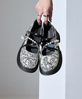 French Beige Platform Loafer Shoes Cross Strap Bead